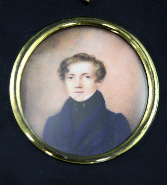 Attributed to Jeremiah Steele (1780-c.1826) Miniature of a young man wearing a blue jacket, 2.75 x 2.25in.